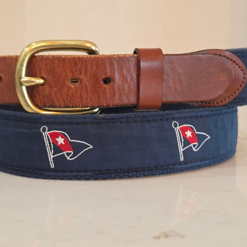 Leather Man Ltd Belt 42 Blue Leather Canvas Nautical Flag Burgee Handmade USA